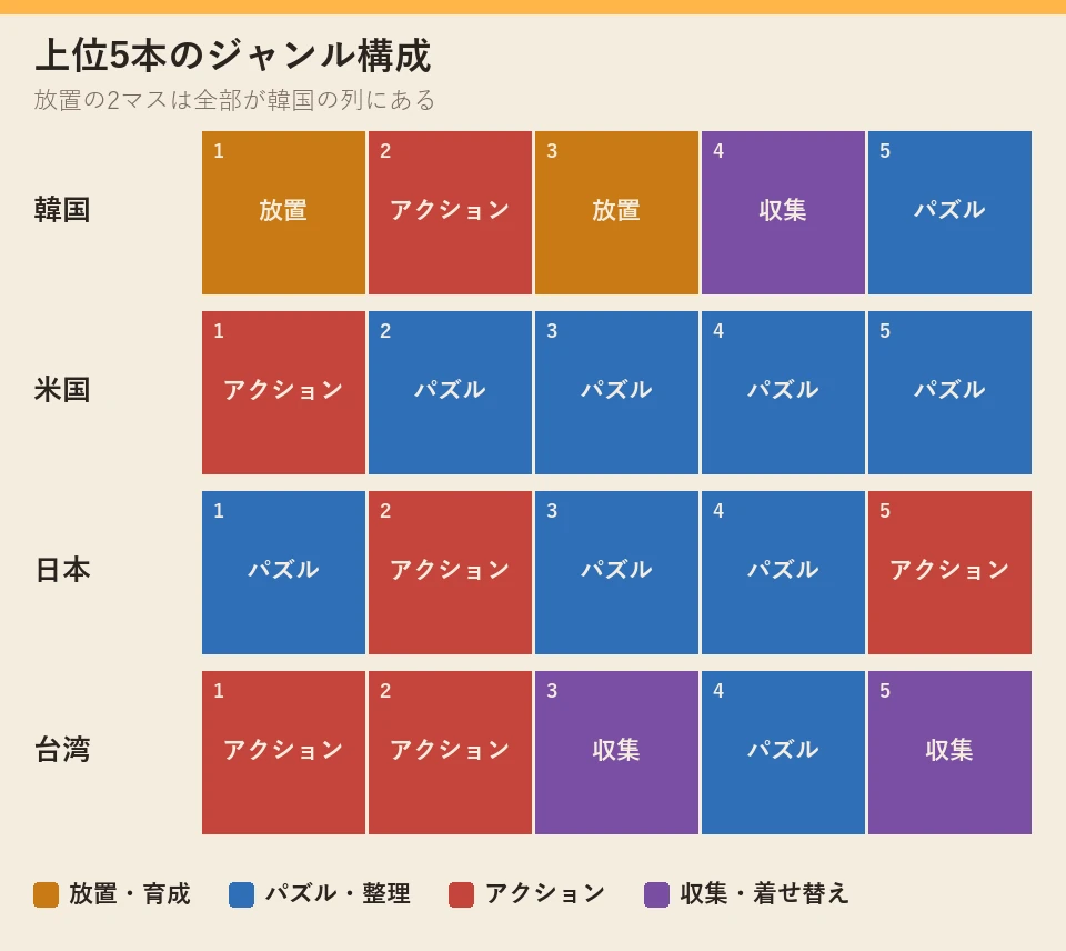 各国のTOP5のジャンル構成マトリクス。米国は5マス中4マスがパズル、韓国は4ジャンルが混ざり放置の2マスを持っている