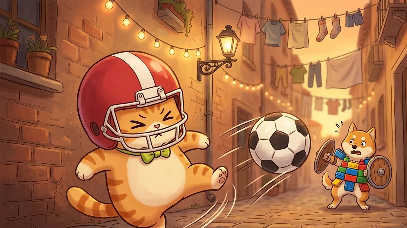 キックキャットのヘルメットをかぶったオレンジの猫が、夕焼けの路地でブロックのおもちゃを着た柴犬にサッカーボールを蹴る場面