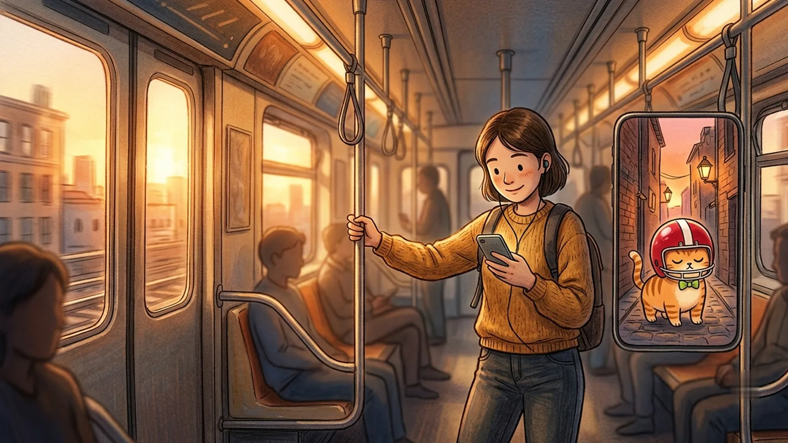 夕方の電車で片手にスマホを持つ通勤者のイラスト。画面には小さな猫のキャラクターが見える